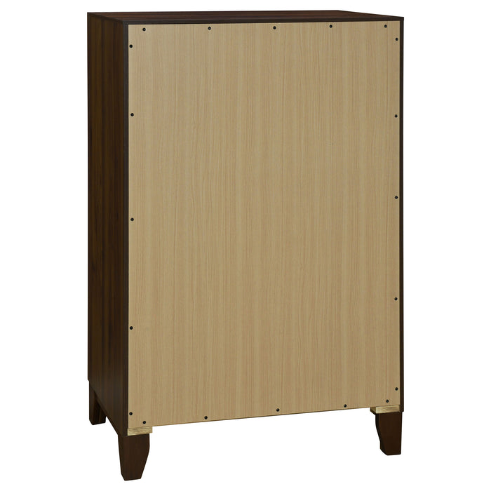 Welsley 5-piece Queen bedroom set by CoasterEveryday featuring walnut finish, includes bed frame, dresser, mirror, nightstands, and storage.