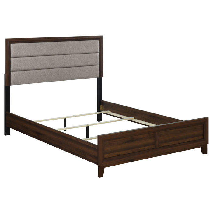 Welsley 50-inch upholstered queen bed by CoasterEveryday with walnut finish, featuring a padded headboard and wooden frame.