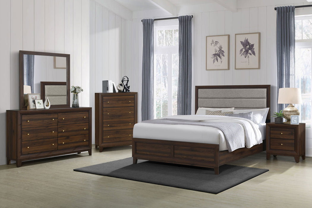 Walnut Welsley 50-inch upholstered queen bed with padded headboard and wooden frame, showcased in a modern bedroom setting.