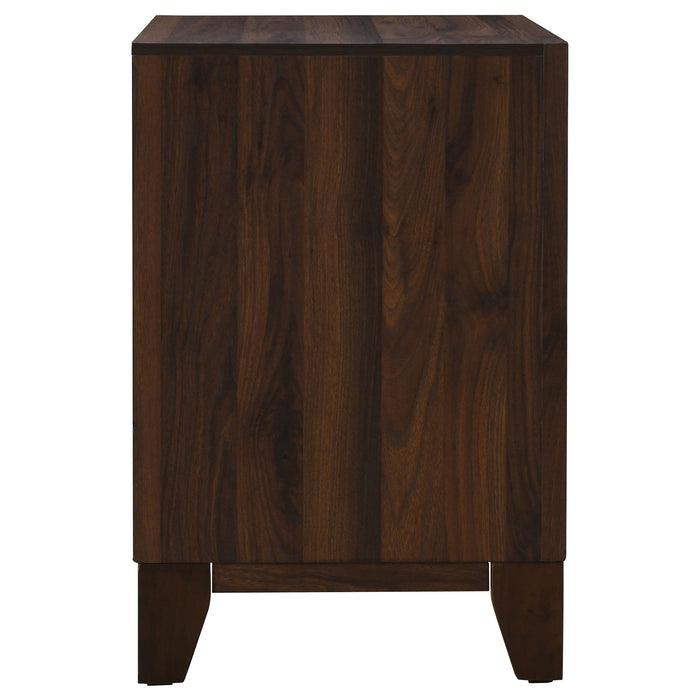 Walnut Welsley 2-drawer nightstand bedside table with sleek design and modern hardware, made by CoasterEveryday.