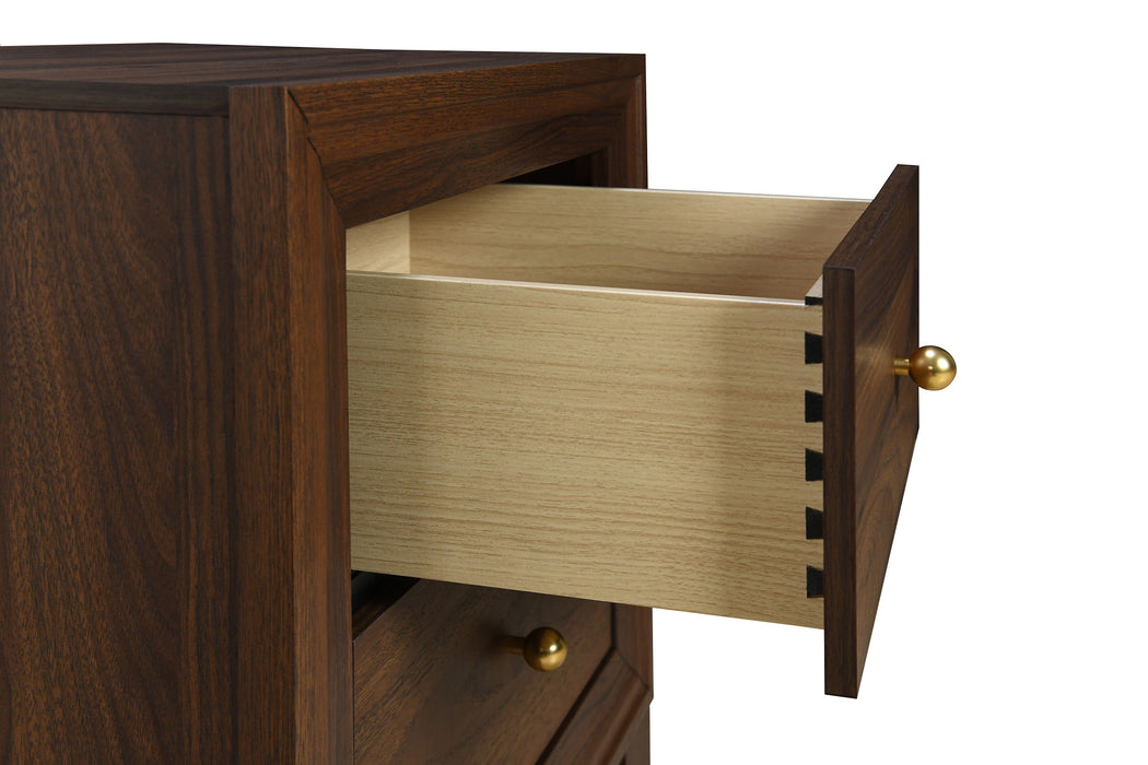 Walnut Welsley 2-drawer nightstand with sleek design and modern furniture style, featuring metal handles and sturdy wooden construction.