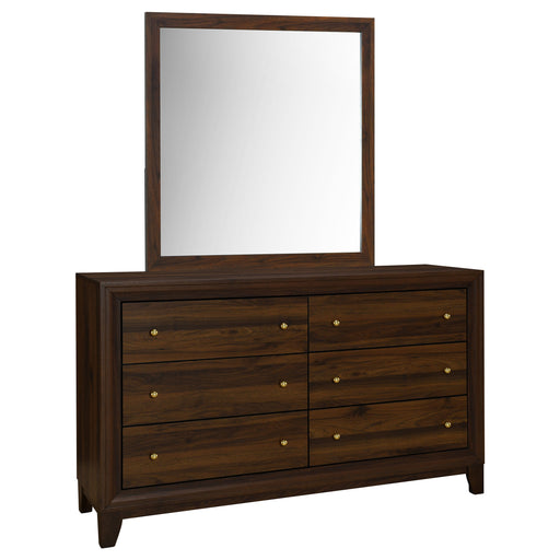 Walnut Welsley 6-drawer dresser with matching mirror, featuring sleek metal handles and modern furniture design.