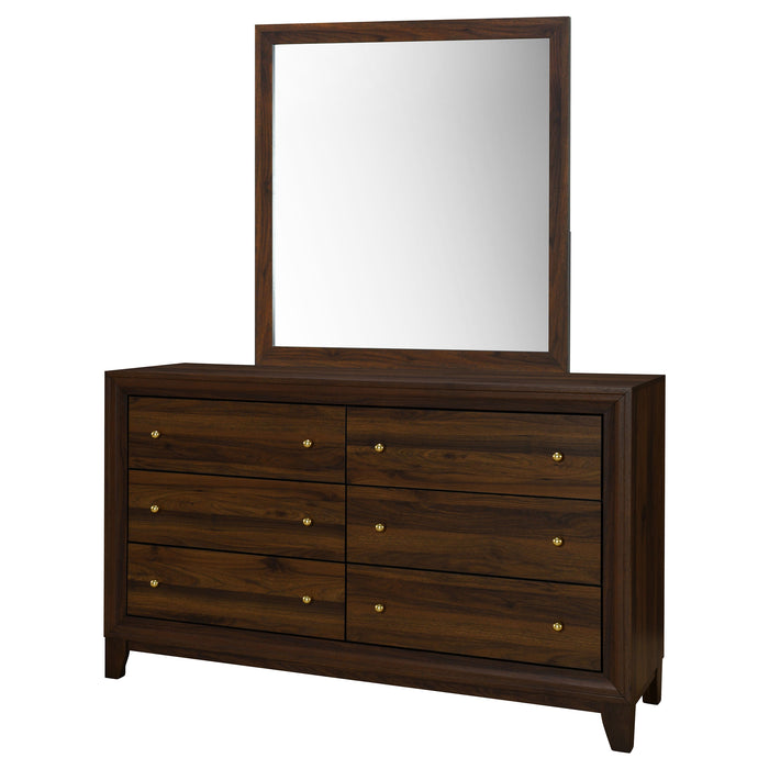 Walnut Welsley 6-drawer dresser with matching mirror, modern furniture piece from CoasterEveryday showing drawers and sleek design