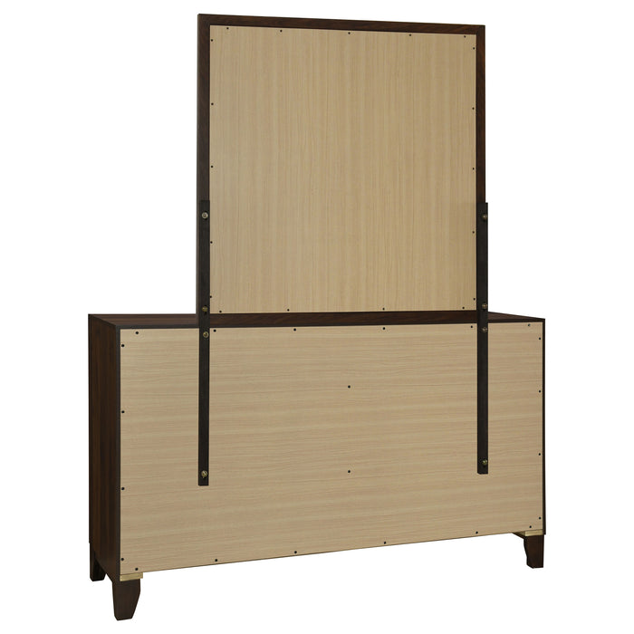 Walnut Welsley 6-drawer dresser with matching mirror, contemporary furniture piece with sleek wood finish and modern design accents.