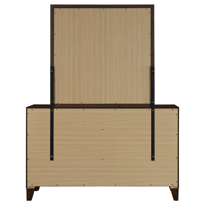 Welsley 6-drawer walnut dresser with matching mirror, modern wooden furniture piece showing sleek drawers and mirror frame.