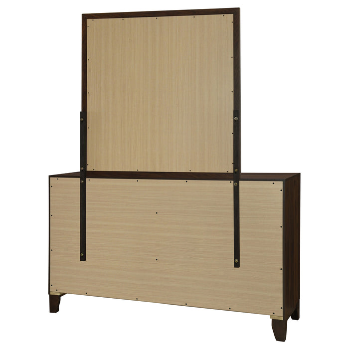 Welsley walnut 6-drawer dresser with matching mirror, featuring sleek wood finish and modern furniture design.