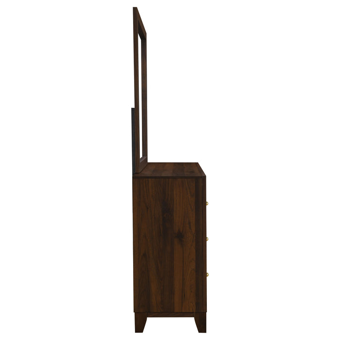 Welsley walnut 6-drawer dresser with attached mirror from CoasterEveryday, showcasing sleek wood finish and modern furniture design.