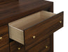 Walnut Welsley 6-drawer dresser with matching mirror, featuring sleek wood finish and contemporary furniture design.
