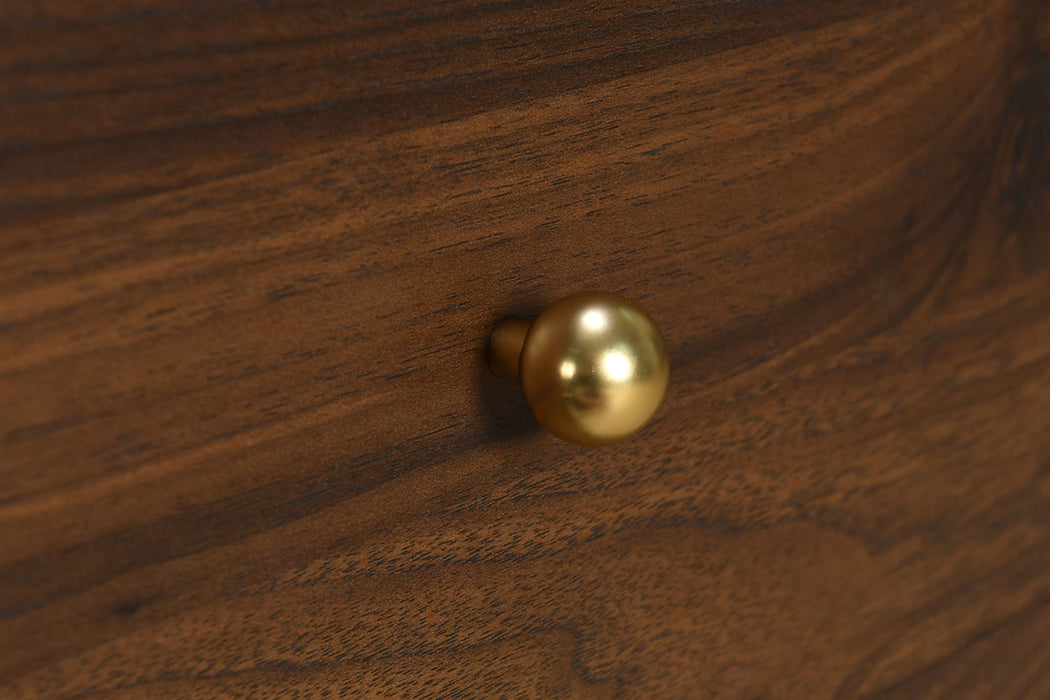 Walnut Welsley 6-drawer dresser with matching mirror, wooden furniture piece with sleek handles, showcasing storage and style.