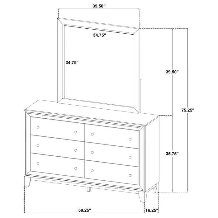 Walnut Welsley 6-drawer dresser with matching mirror, showcasing sleek wooden furniture design and ample storage space.