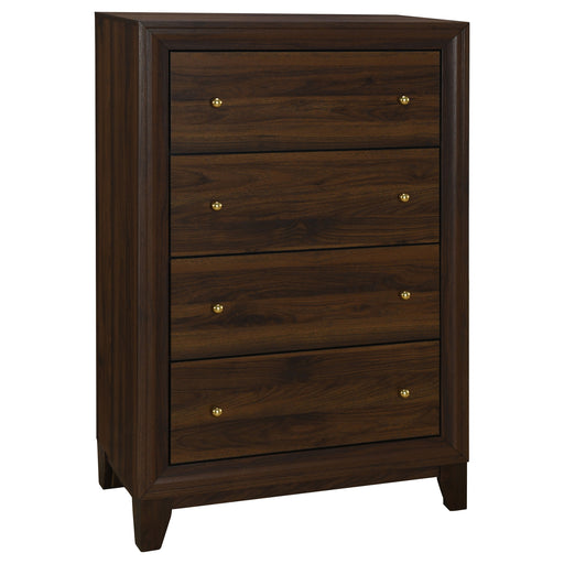 Walnut Welsley 4-drawer chest of drawers by CoasterEveryday, showing a stylish furniture piece with four spacious drawers.