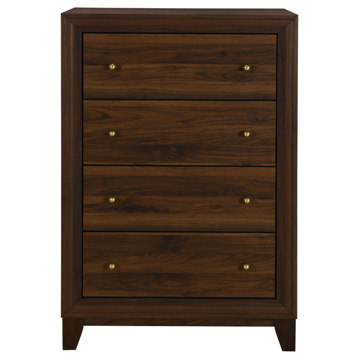 Walnut Welsley 4-drawer chest of drawers from CoasterEveryday, showcasing a modern furniture piece with sleek drawer handles and wood grain finish.