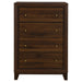 Walnut Welsley 4-drawer chest of drawers from CoasterEveryday, showcasing a modern furniture piece with sleek drawer handles and wood grain finish.
