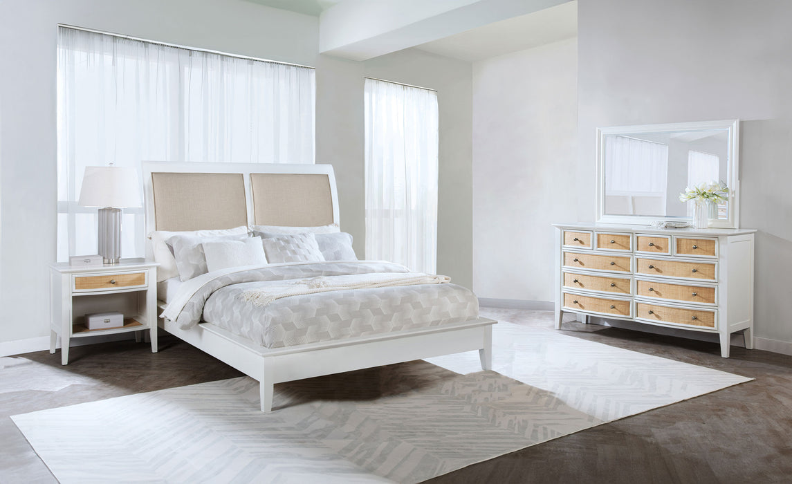 White Bexhill 4-piece Eastern King bedroom furniture set by CoasterEveryday, including bed frame, nightstands, and dresser.