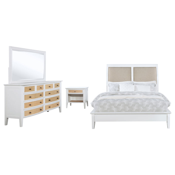 White Bexhill 4-piece Eastern King bedroom furniture set by CoasterEveryday, including bed frame and matching pieces.