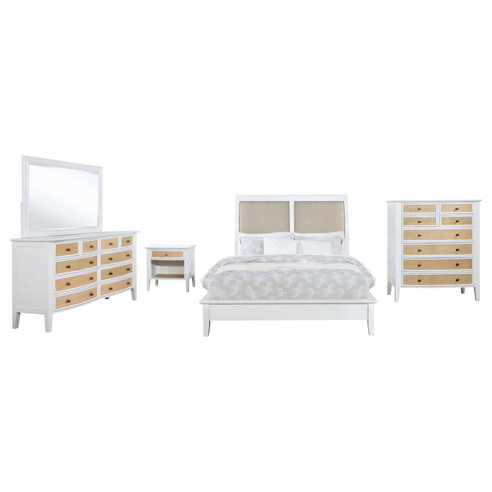 CoasterEveryday Bexhill 5-piece Eastern King bedroom set in white, includes bed frame, dresser, and nightstands, stylish furniture for bedroom