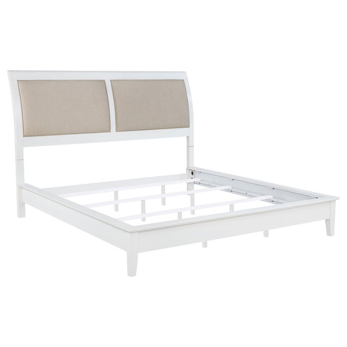 CoasterEveryday Bexhill 5-piece Eastern King bedroom set in white, including bed frame, nightstands, and dresser, with elegant furniture design.