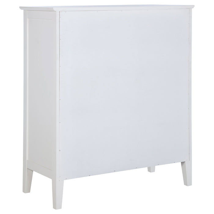 White Bexhill 5-piece Eastern King bedroom furniture set by CoasterEveryday with bed frame, nightstands, and dresser displayed.