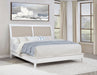 White upholstered Eastern King panel bed by CoasterEveryday featuring a sleek, modern design with a tall headboard and clean lines.
