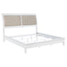 White upholstered Eastern King panel bed with a tall headboard and sleek frame, showcasing a modern bedroom furniture design.