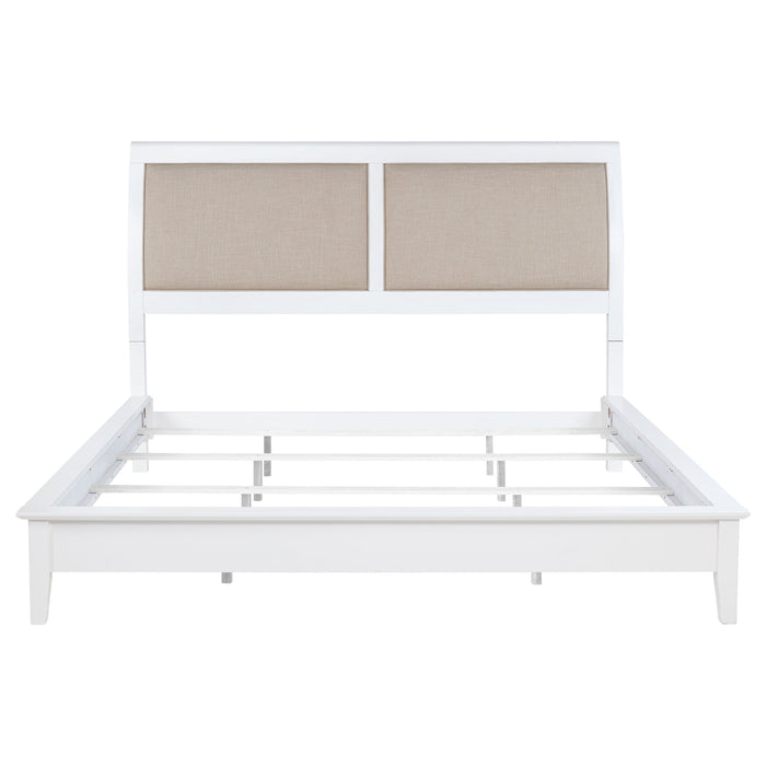 White upholstered Bexhill 56-inch Eastern King panel bed by CoasterEveryday, showcasing a modern bedroom furniture design.