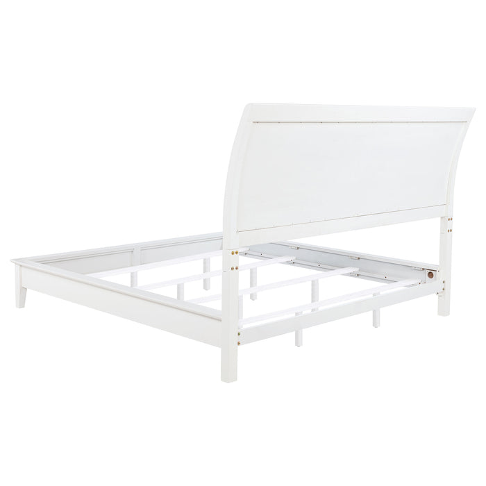 White upholstered Eastern King panel bed from CoasterEveryday, featuring a sleek, modern design with a tall headboard and clean lines.