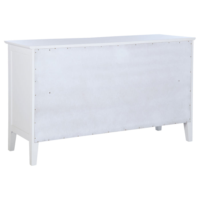 White Bexhill 5-piece California King bedroom furniture set by CoasterEveryday, featuring a bed frame, nightstands, and dresser.