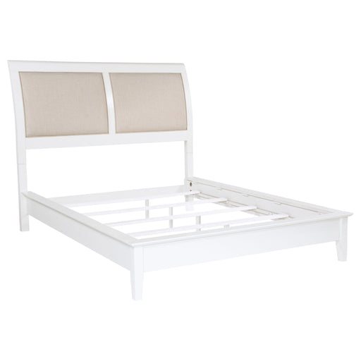 White upholstered Queen panel bed from the Bexhill collection, featuring a classic design and sturdy wooden frame.