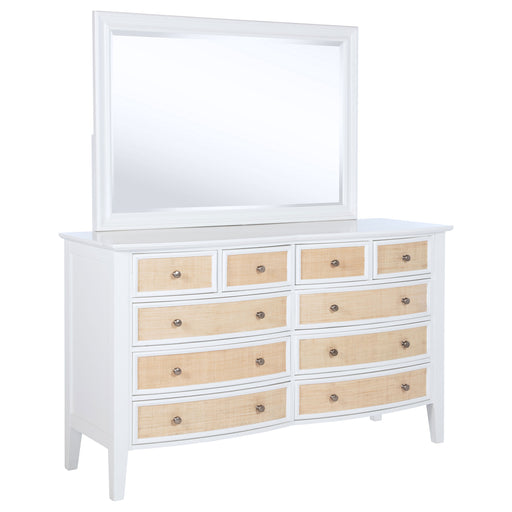 White Bexhill 10-drawer dresser with matching mirror, wooden furniture piece by CoasterEveryday, showcasing ample storage space.