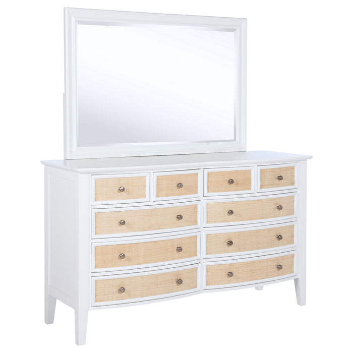 White Bexhill 10-drawer dresser with matching mirror, wooden furniture piece by CoasterEveryday, showcasing ample storage space.