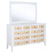 White Bexhill 10-drawer dresser with matching mirror, wooden furniture piece by CoasterEveryday, showcasing ample storage space.
