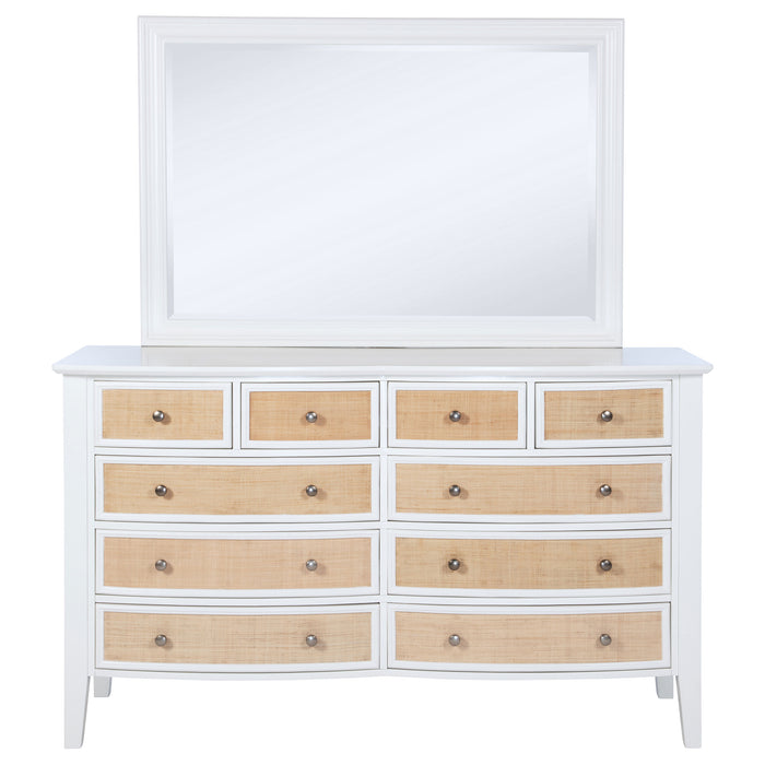 White Bexhill 10-drawer dresser with matching mirror from CoasterEveryday, showcasing a modern bedroom furniture set with sleek handles.