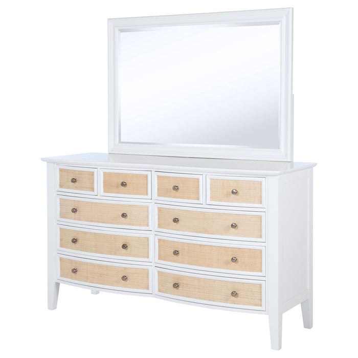 White Bexhill 10-drawer dresser with matching mirror, showcasing sleek modern furniture design by CoasterEveryday.