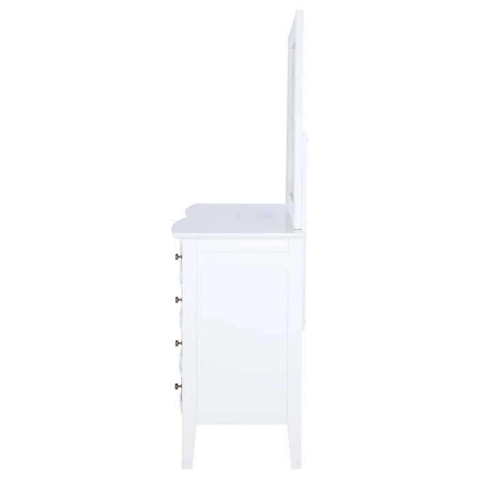 White Bexhill 10-drawer dresser with matching mirror, modern furniture piece with sleek drawer handles and spacious storage.