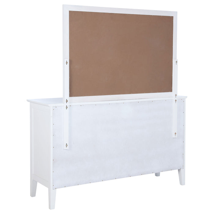 White Bexhill 10-drawer dresser with matching mirror, showcasing sleek wooden furniture from CoasterEveryday.