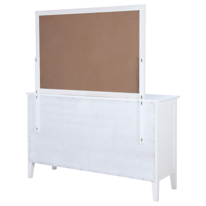 CoasterEveryday Bexhill 10-drawer white dresser with attached mirror, featuring sleek modern furniture design and multiple spacious drawers.