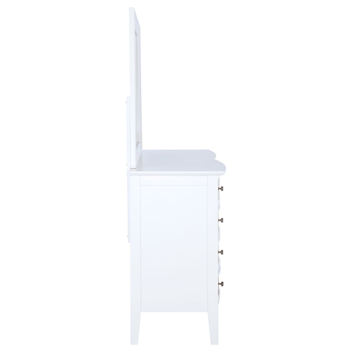 White Bexhill 10-drawer dresser with mirror, modern furniture piece by CoasterEveryday, showing sleek drawers and attached mirror.