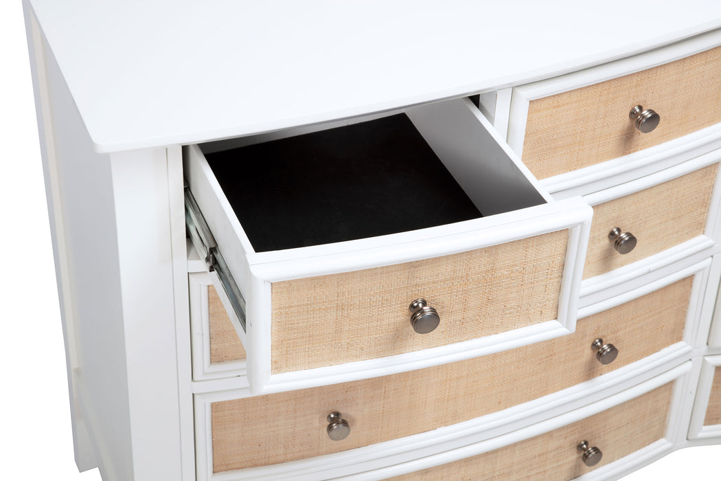 White Bexhill 10-drawer dresser with matching mirror, made of durable furniture, featuring sleek modern design by CoasterEveryday.
