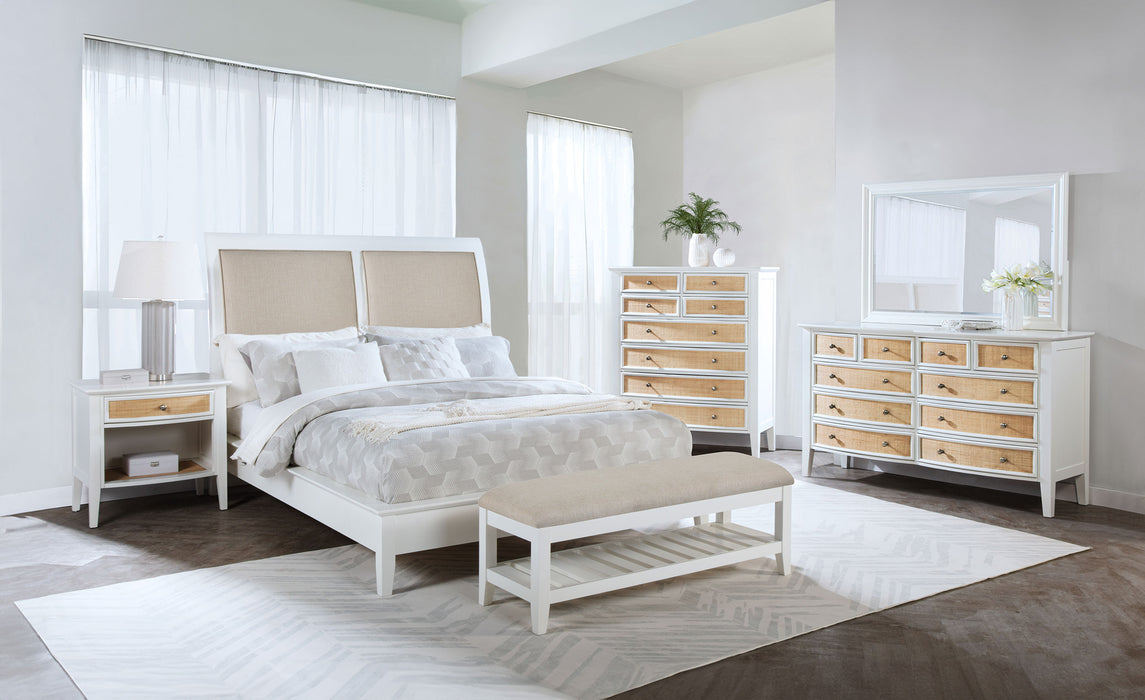 White Bexhill 10-drawer dresser with matching mirror, modern bedroom furniture by CoasterEveryday, showing drawers and mirror frame.