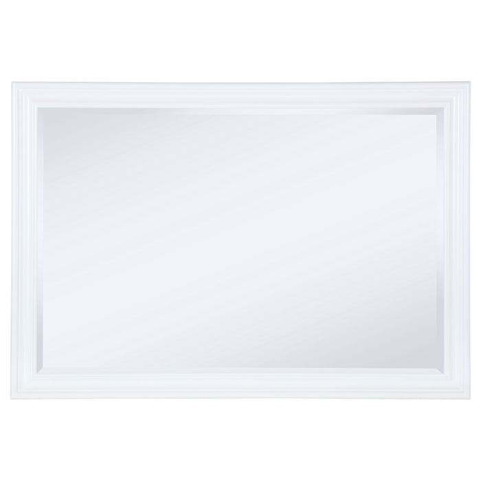 White Bexhill dresser mirror by CoasterEveryday, showing a sleek rectangular frame mounted on a dresser.