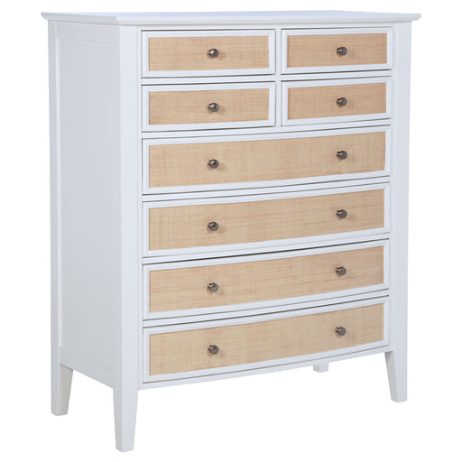 White Bexhill 8-drawer chest of drawers from CoasterEveryday, showcasing a modern furniture piece with sleek drawer handles.