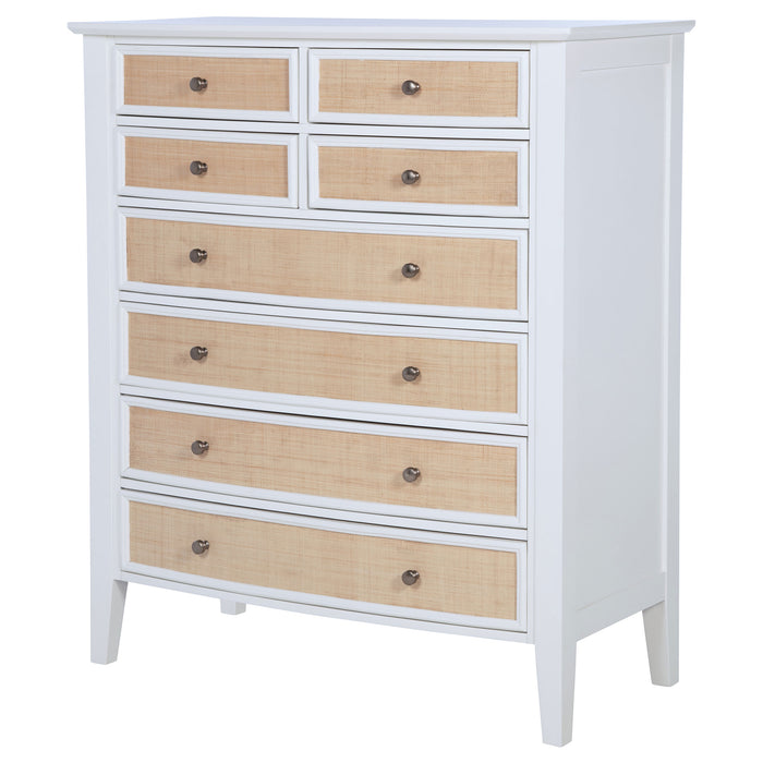 White Bexhill 8-drawer chest of drawers by CoasterEveryday, showing a modern furniture piece with sleek drawer handles.