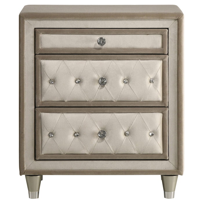 Antonella Upholstered 3-drawer Nightstand Ivory and Camel