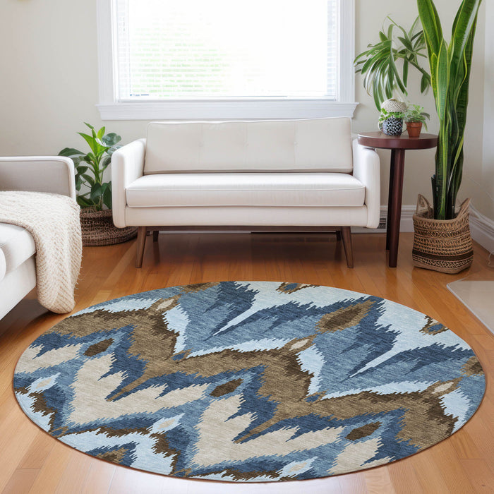 8' Ikat Washable Round Rug With UV Protection - Blue