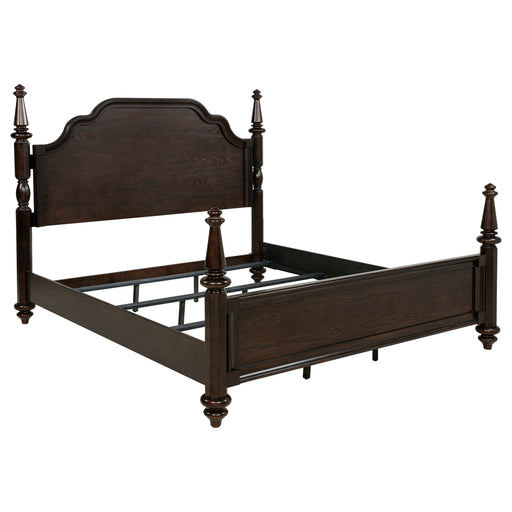 Dark oak Andover 63-inch Four Poster Eastern King Bed by CoasterEveryday with tall posts and classic furniture design.