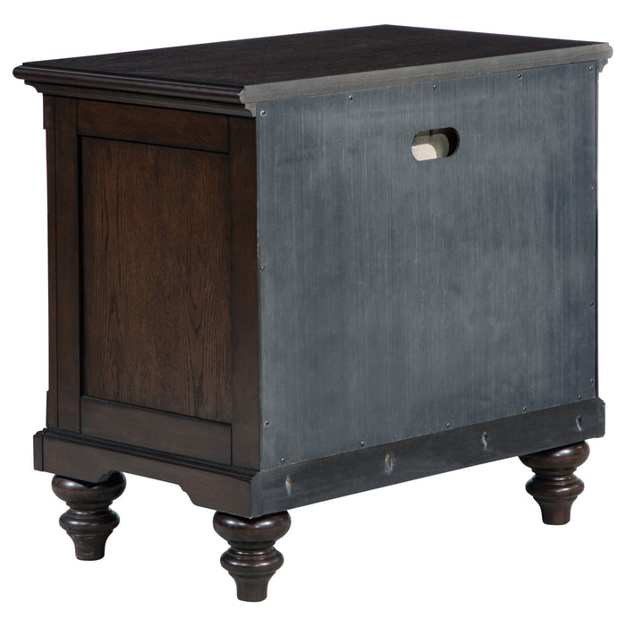CoasterEveryday Andover California King bedroom set in dark oak with four-piece furniture including bed, dresser, and nightstands.