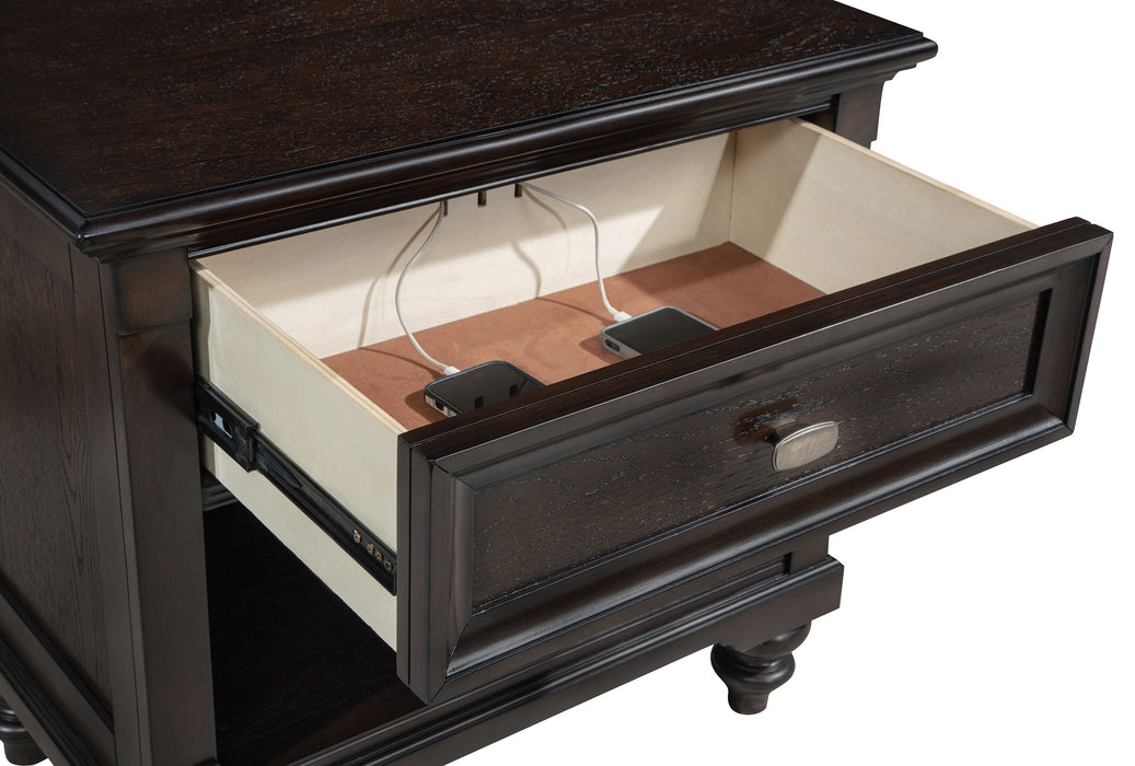Andover 4-piece California King bedroom set by CoasterEveryday featuring dark oak finish with a bed frame, dresser, and nightstands.