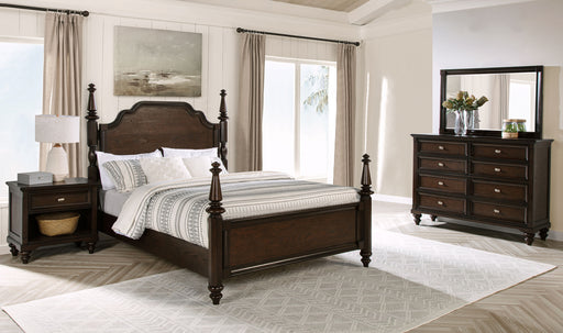 Andover 4-piece Queen bedroom set by CoasterEveryday featuring dark oak finish, includes bed frame, dresser, mirror, and nightstands.