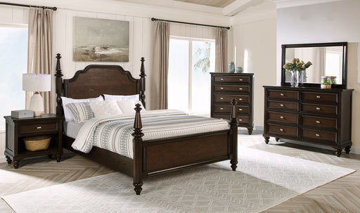 Dark oak Andover 5-piece Queen bedroom set by CoasterEveryday, featuring a bed frame, two nightstands, dresser, and mirror.