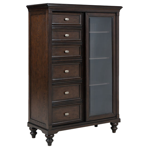 Dark oak CoasterEveryday Andover 6-drawer furniture chest with tempered glass doors and sleek modern design.